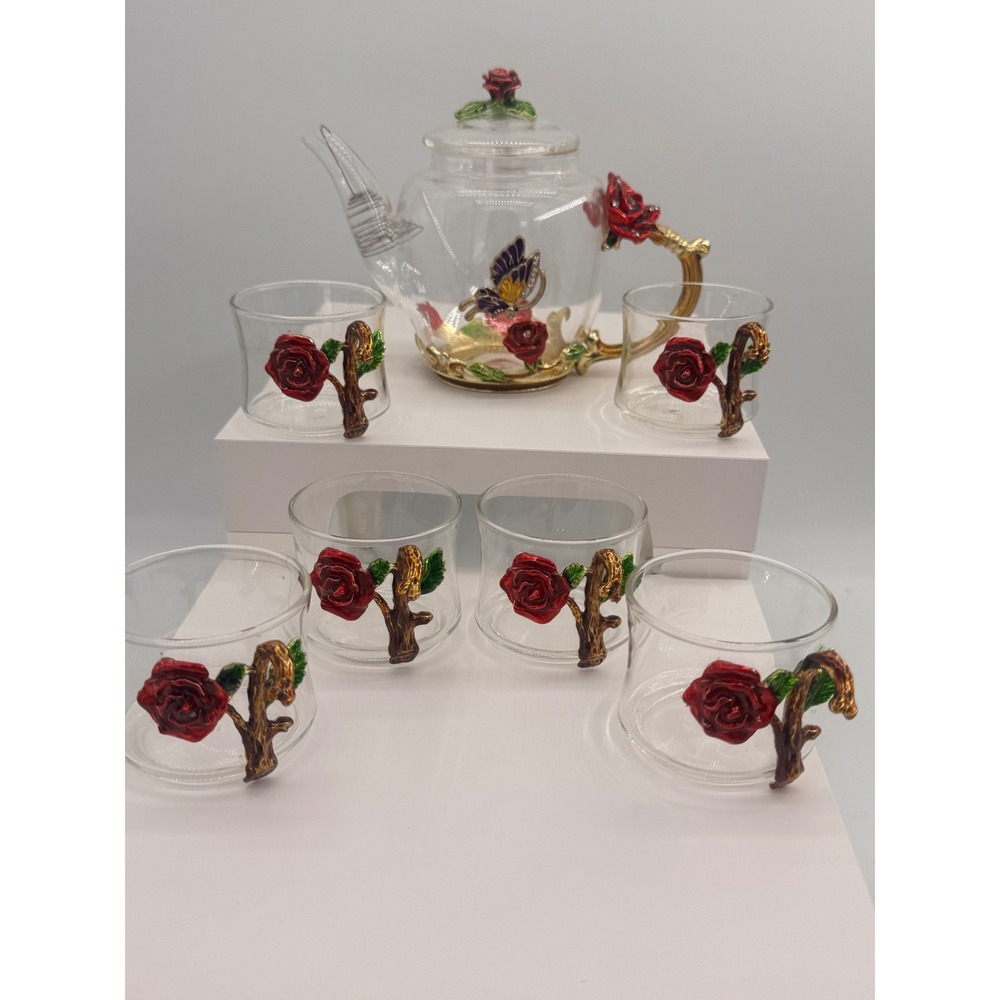 Huazhengyan Glass Tea Set 8pc Enameled Red Rose Butterfly Teapot & 6 Glasses